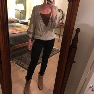 Eri + Ali Sweater Tweed Fringe V Neck